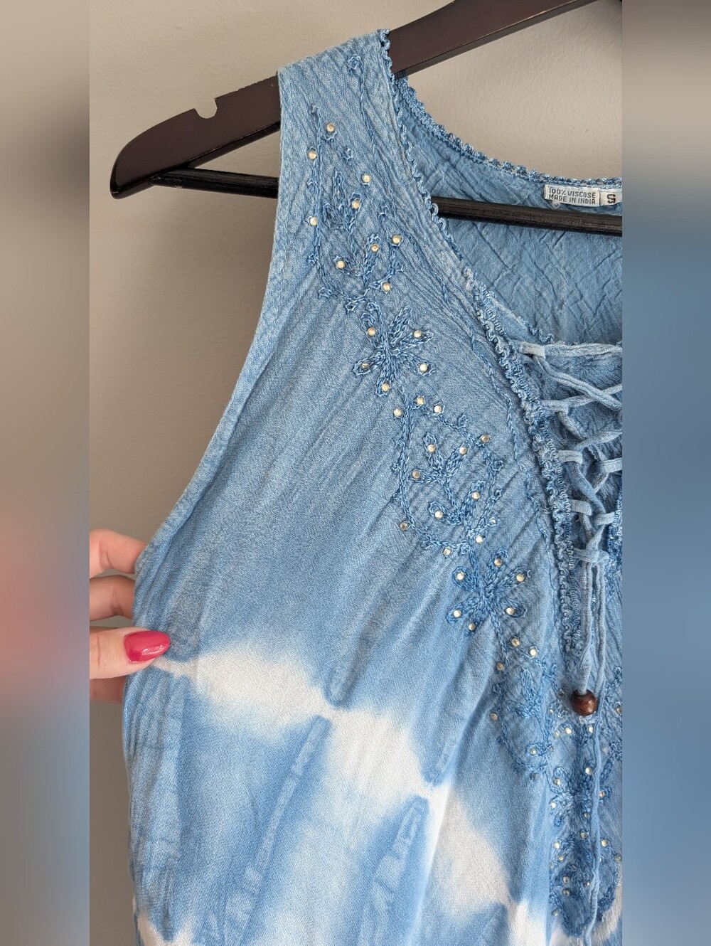 Vintage Blue & White Flowy Tie Dye Sleeveless Dress, 100% Viscose Size Small - Picture 5 of 14